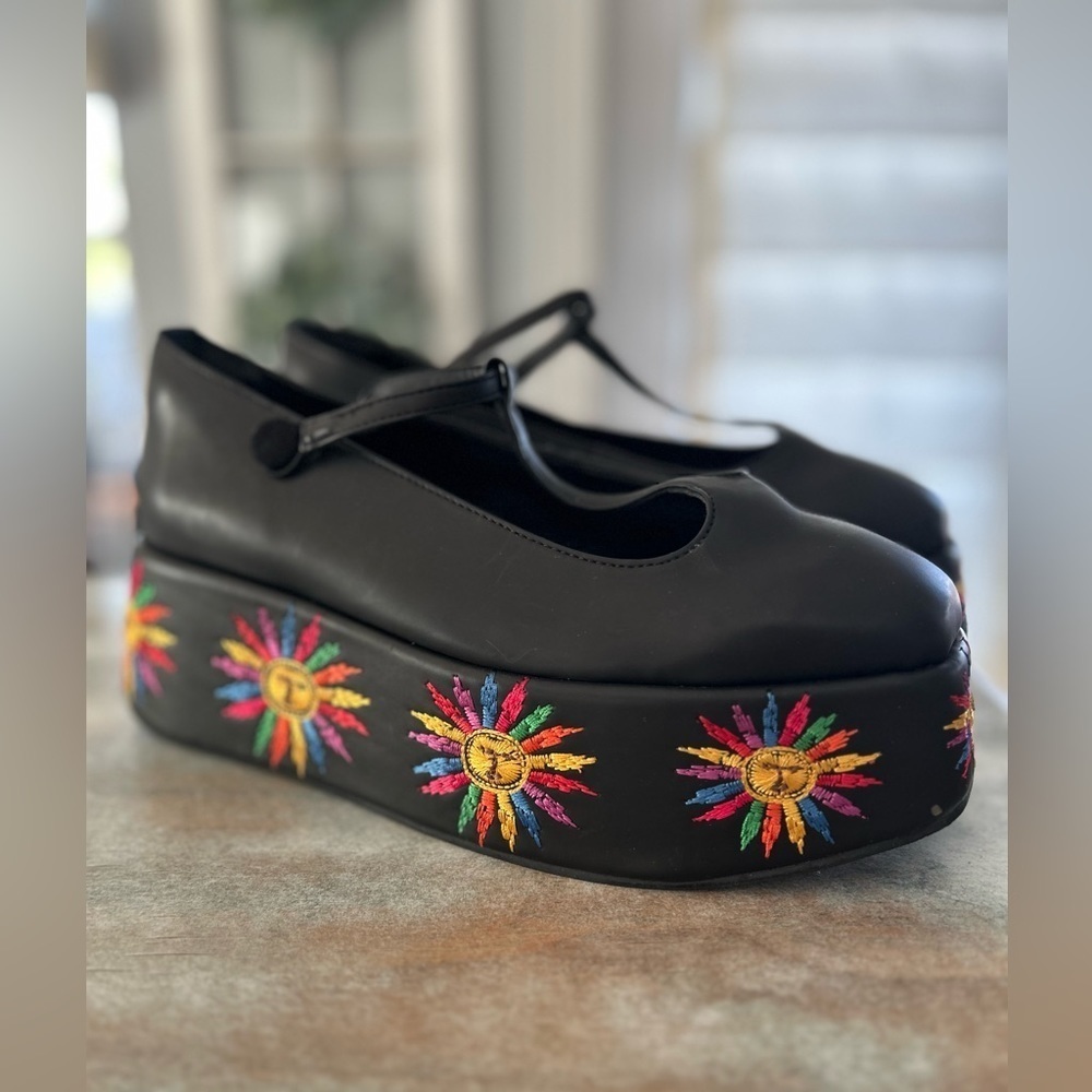 FARM Rio Black Platform Mary Janes with Multicolor Embroidered Sun Motif
